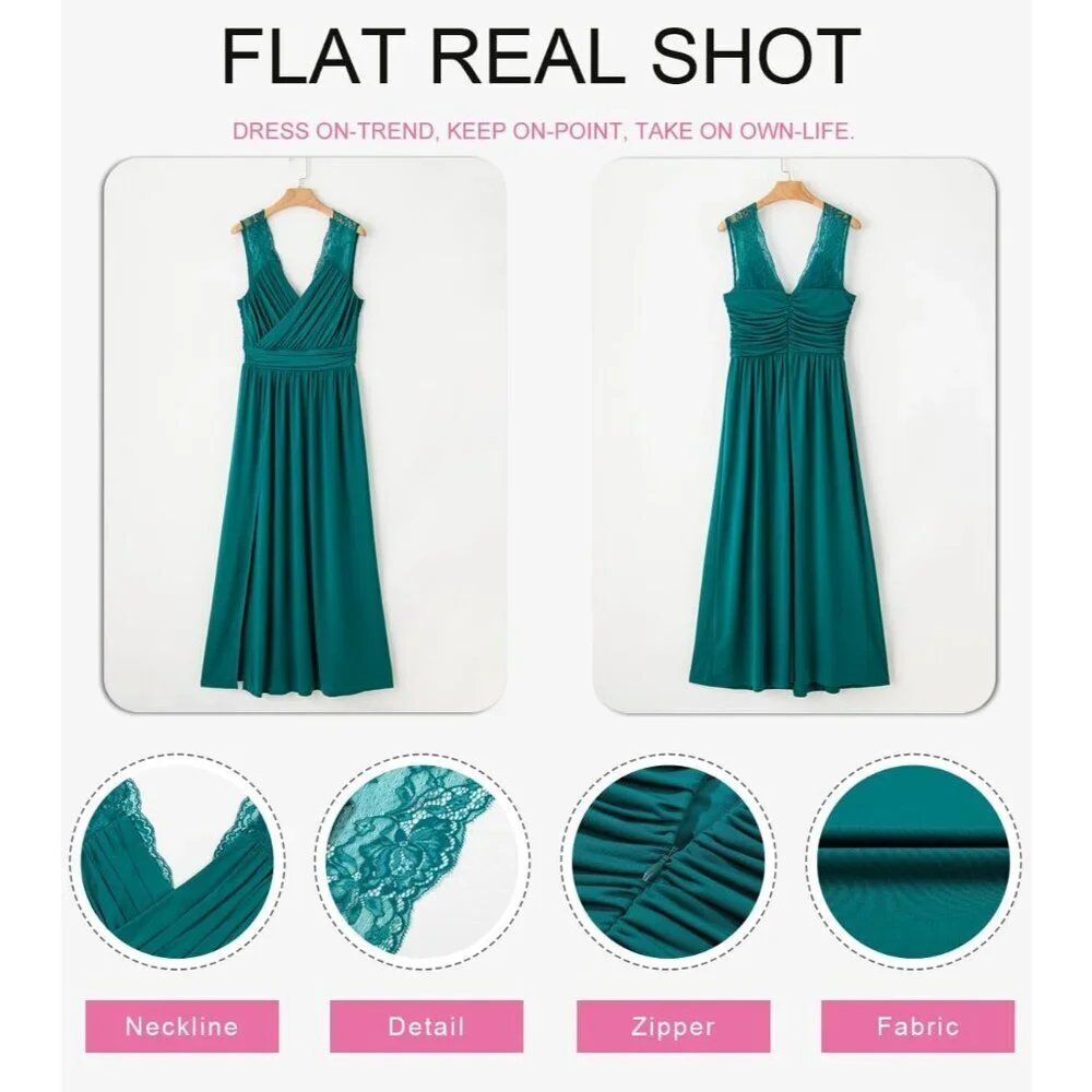 Women's V-Neck Maxi Dress Ruched Elegant Formal Party Bridesmaid Gown - Picture 4 of 7